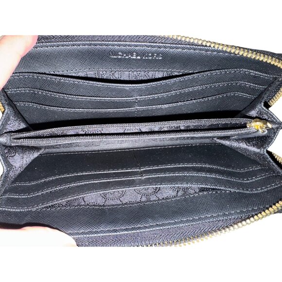 Michael Kors Jet Set Zip-Around Wallet Black Logo Pattern Gold Hardware - Picture 4 of 4